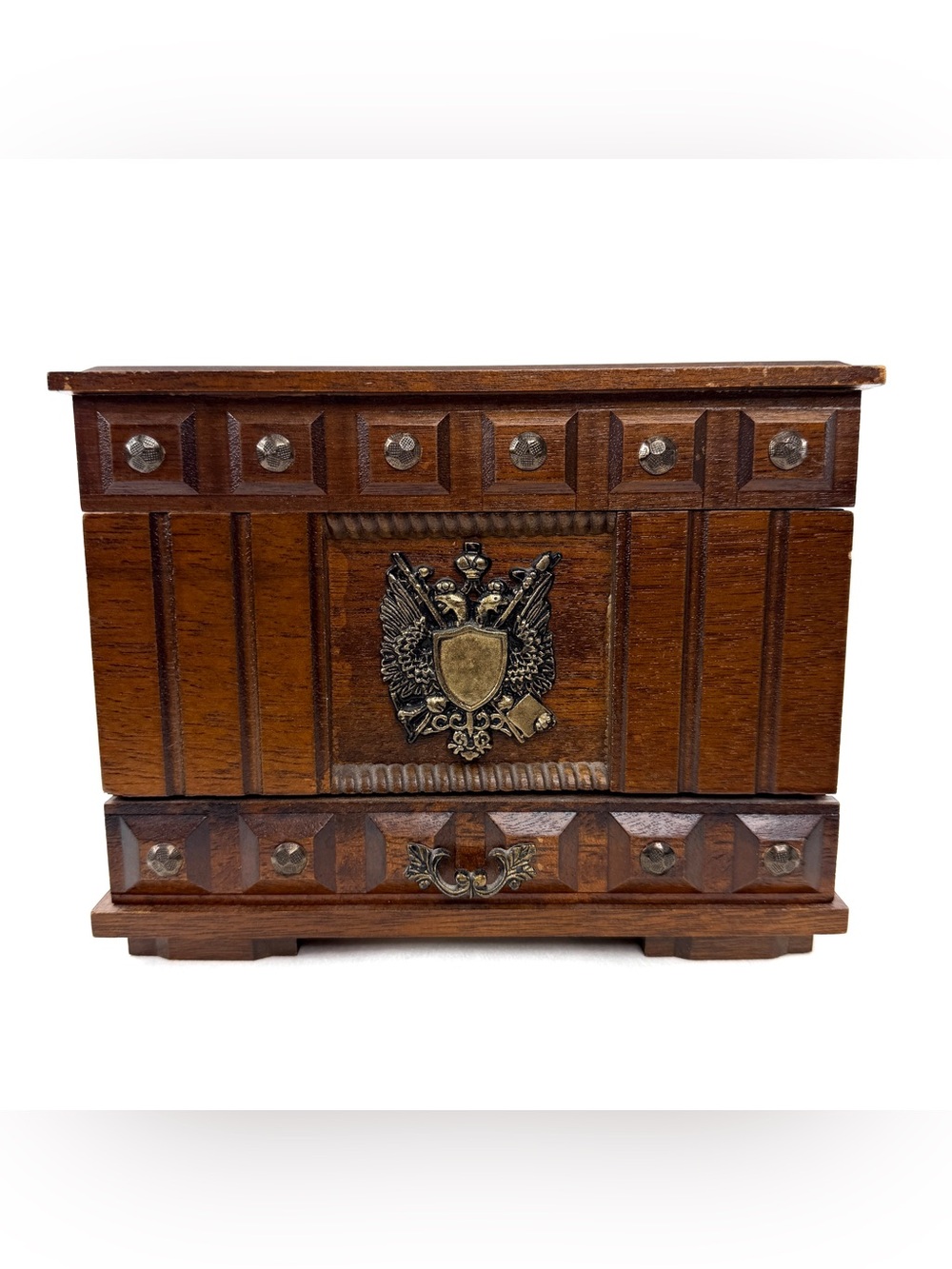 Antique LaureL Japan Brown Wooden Jewelry Music Box Coat of Arms Red Velvet